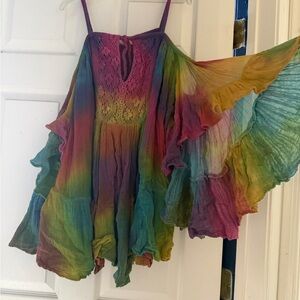 Jen’s Pirate Booty RARE rainbow tie dye cold shoulder gauze tunic bell sleeves